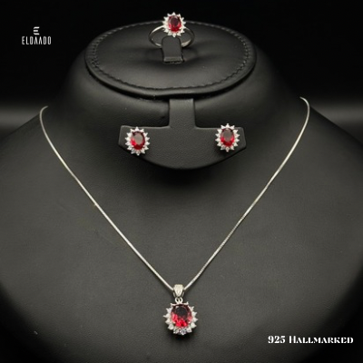 925 Silver Women’s Set with Ruby Red Zircon Stone