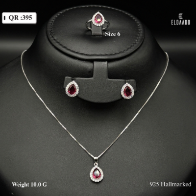 925 Italian Silver Red Ruby Zircone Stone Jewelry Set for Women – 10 Gram | Elegant Necklace, Earrings & Ring”
