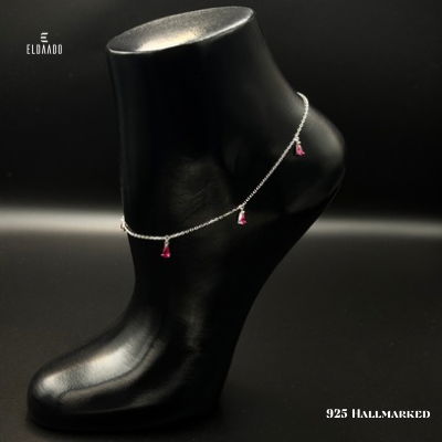 Stylish 925 Italian Silver Anklet Adorned with Red Zircon Stone