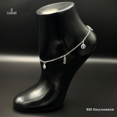 Infinity Eye Anklet-925 Italian Silver Single Anklet with Hanging Evil Eye and Infinite Drops