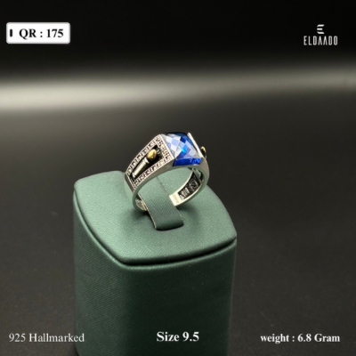 925 Sterling Silver Turkish/Ottoman Men’s Ring with Blue Sapphire-Color Stone – 6.8 g