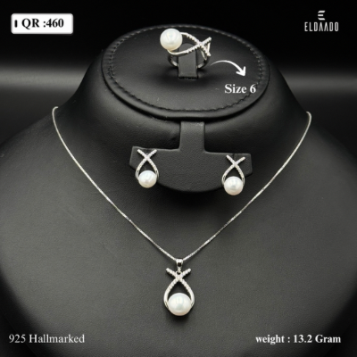 925 Silver Women’s Jewelry Set – Necklace, Earrings & Ring with Freshwater Pearls – 13.2  Gram
