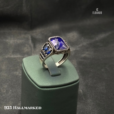 Bold 925 Sterling Silver Men’s Ring – Retro Turkish Design with Blue Gem