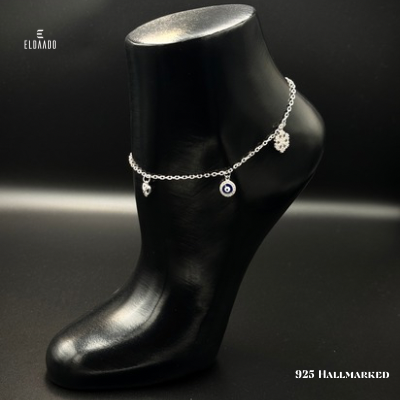 Evil Eye Drop Anklet-925 Italian Silver Single Anklet with Evil Eye Drop Design