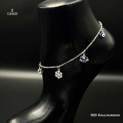 Protector Charm Anklet-925 Italian Silver Anklet Featuring Dangling Evil Eye Drops