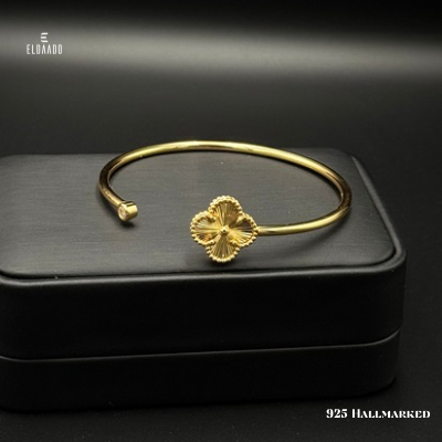 925 Silver Gold-Plated Flower Cuff Bangle for Women