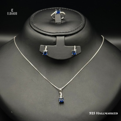 Pure 925 Italian Silver Full Jewelry Set for Women – Necklace, Earrings & Ring with Blue Zircon