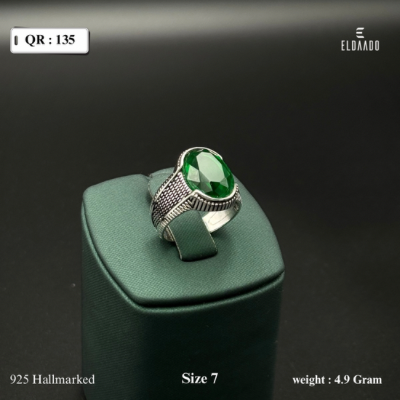 Pure 925 Silver Turkish Style Men’s Ring with Green Zircone Stone – 4.9 Gram, Size 7 US
