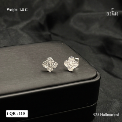 Pure 925 Italian Silver Clover Stud Earrings with Micro Zircon Stones 1.8 gram