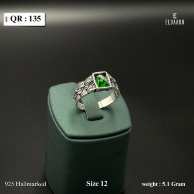 Pure 925 Silver Turkish Style Men’s Ring with Green Sapphire Stone – 5.1 Gram, US Size 12