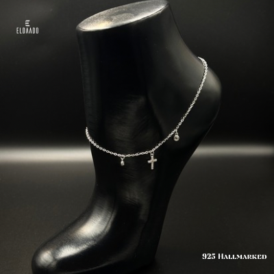 Cross Charm Anklet-925 Italian Silver Single Anklet with Hanging Cross Charm