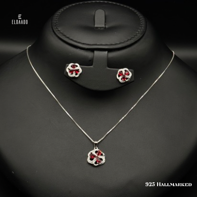 925 Italian Silver 3 Leaf Clover Necklace & Earring Set with Ruby Red Zircon for Women