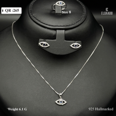 925 Italian Silver Evil Eye Necklace, Earring & Ring Set for Women – 6.1 Gram