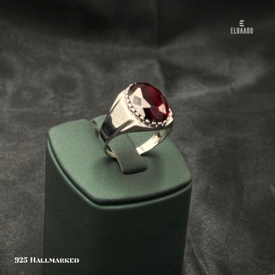 925 Italian Silver Men’s Ring with Red Zircon Stone